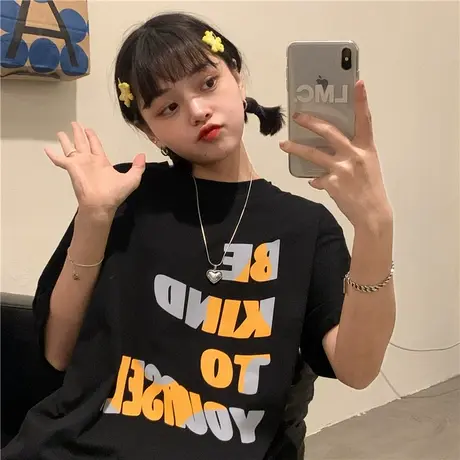 原创渐变字母2023夏装新款宽松韩版百搭纯棉港风ins纯棉短袖T恤女图片