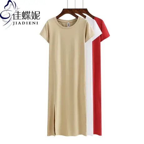 夏韩版圆领加长款前开叉短袖体恤连衣裙女纯棉纯色下衣失踪T恤裙图片