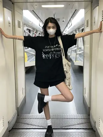 美式黑色t恤女复古街头风大码oversize新款夏季短袖ins潮纯棉上衣商品大图