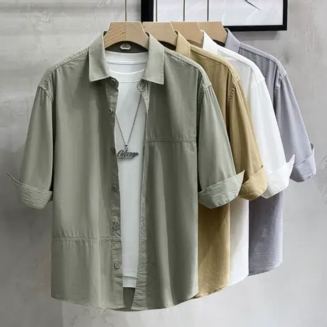 夏季日系简约拼接休闲工装短袖衬衫男外套宽松夏天半袖衬衣外套潮商品大图