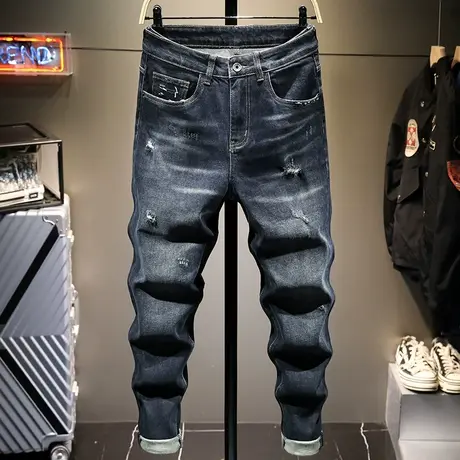 秋季破洞牛仔裤男直筒宽松百搭男士休闲长裤子男蓝黑色潮牌男装潮商品大图