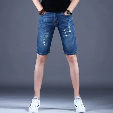 2023男士新款牛仔裤子简约修身经典蓝色抓痕春夏短裤棉弹男潮牌裤商品大图