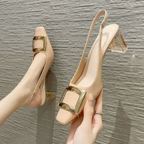 法式方扣包头凉鞋女粗跟2023年夏季新款气质方头浅口职业后空单鞋图片