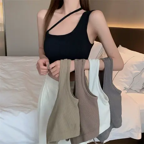 吊带黑色斜肩吊带背心女外穿2023新款带胸垫抹胸内搭美背裹胸上衣图片