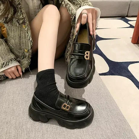 英伦风乐福鞋女2024春夏季新款复古百搭一脚蹬单鞋法式粗跟小皮鞋商品大图