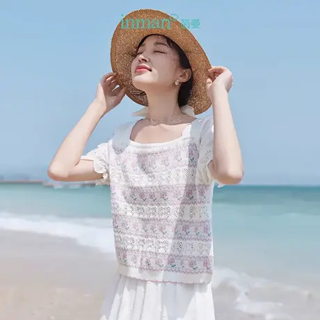 茵曼拼接花朵镂空泡泡袖针织衫2023夏女装新款方领宽松短款上衣图片