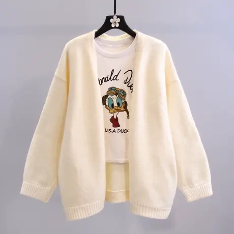 早秋纯色小清新毛衣外套女2023新款韩版宽松外穿慵懒风针织开衫图片