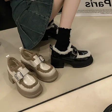 乐福鞋女2023新款冬季粗跟高跟洋气毛毛鞋英伦风爆款ins潮小皮鞋商品大图