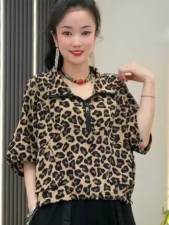 2023夏季新款大口袋拉链休闲短袖T恤时尚宽松百搭蝙蝠袖上衣女装商品大图