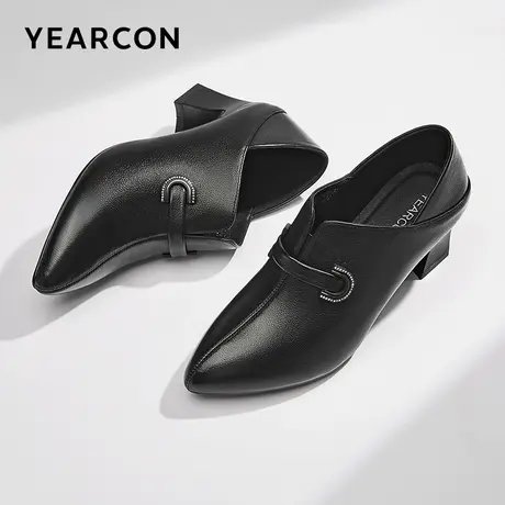 意尔康女鞋2023秋季新款真皮高跟鞋女粗跟尖头深口单鞋舒适小皮鞋商品大图