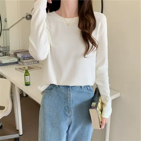 白色长袖t恤女装ins潮2023年新款韩版宽松早春秋上衣服内搭打底衫商品大图