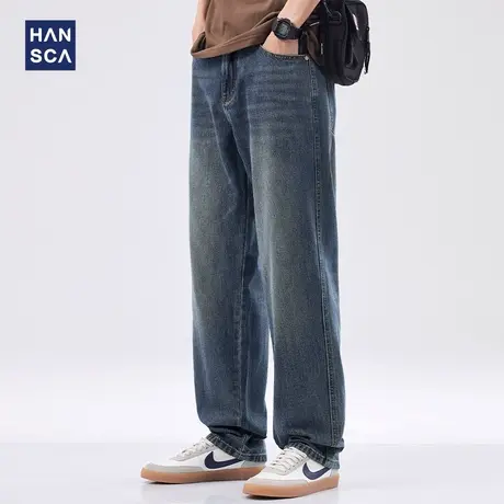 hansca蓝色牛仔裤男夏季薄款潮牌宽松直筒美式高街阔腿裤子男夏款商品大图
