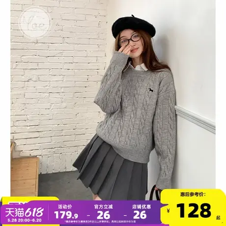 yoe灰色麻花毛衣女款2024新款冬季小狗绣花小个子圆领针织衫商品大图