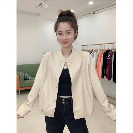 皮衣外套女2023年新款小外套欧货圆领时尚百搭小个子宽松克外套潮商品大图