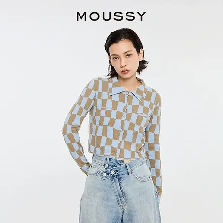 MOUSSY 新品复古日系棋盘格纹撞色翻领短款针织开衫028HS970-0000商品大图