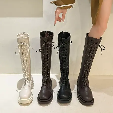 骑士靴女2023新款秋季长筒靴子系带高筒瘦瘦小个子厚底不过膝长靴图片