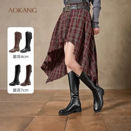 奥康 女鞋冬季显瘦不掉筒长筒靴后拉链通勤气质复古骑士靴商品大图