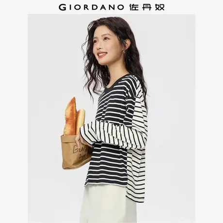 佐丹奴长袖T恤女新款纯棉撞色前后拼接复古条纹宽松上衣13325777商品大图