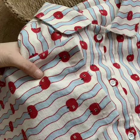 蓝条纹苹果纯棉磨毛可爱卡通少女心睡衣家居服长袖长裤套装可外穿商品大图