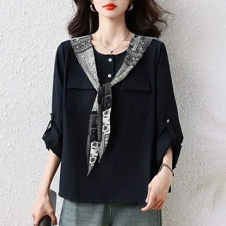 女士衬衫长袖早秋新款加肥加大码女装宽松设计感圆领套头休闲上衣商品大图