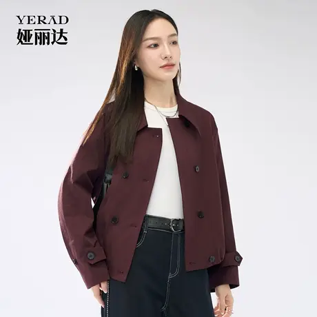 娅丽达短款风衣外套女宽松长袖上衣2025秋新款复古翻领巴恩风夹克图片