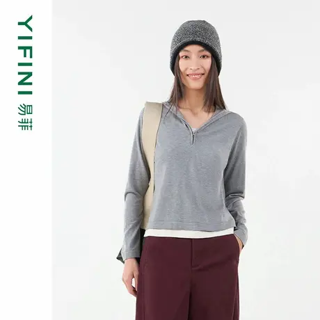 [专柜同款]Yifini/易菲假两件拼接V领连帽长袖宽松短款针织卫衣女图片