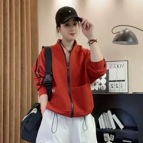 韩版时尚百搭宽松显瘦立领长袖卫衣女2025秋季新款条纹抽绳外套潮商品大图