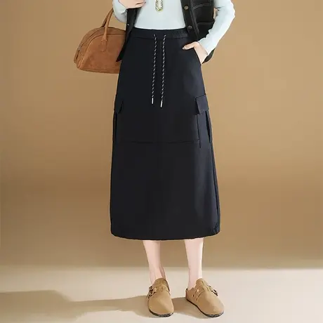 百搭休闲半身裙女2025秋季新款高腰宽松显瘦遮肉开叉中长款花苞裙图片