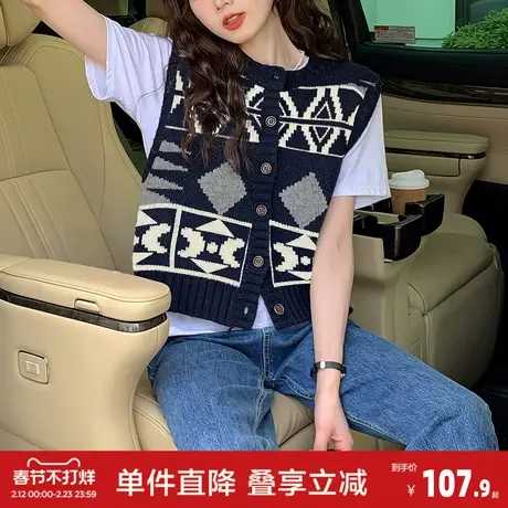 唐狮秋冬复古图案圆领开衫马甲女春秋外穿高级感百搭时尚气质图片