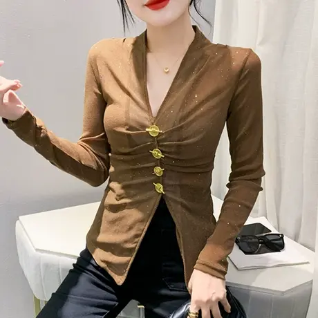 设计感不规则V领T恤女长袖性感褶皱纽扣拼接上衣洋气修身打底衫秋商品大图