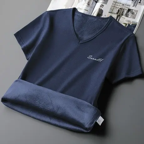 短袖t恤男生秋冬季加绒加厚V领上衣服潮流半袖保暖打底衫印花体恤商品大图