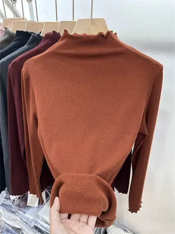 欧货螺纹保暖木耳边纯色加绒T恤女2023秋冬新款弹力漂亮打底衫潮商品大图