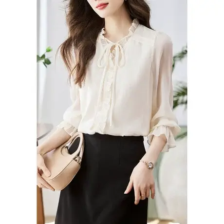时尚气质淑女花边衬衫2023年春季新款温柔甜美显瘦通勤雪纺上衣图片