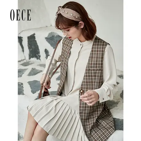 Oece中长款马甲秋装新款女复古英伦格纹气质马夹外套图片
