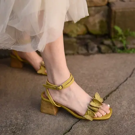 Artmu阿木原创粗跟2023年女新款蝴蝶镂空一字真皮凉鞋女夏季中跟商品大图