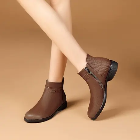 平底小短靴女2023秋冬新款软底圆头软皮靴子妈妈鞋大码马丁靴加绒商品大图