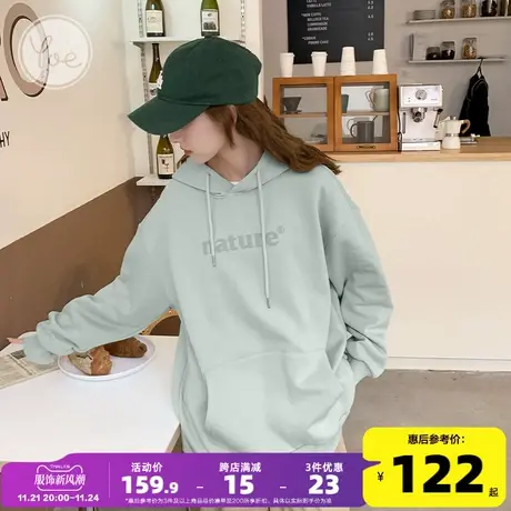 yoe卫衣女冬装浅绿色发泡印宽松女款设计感休闲加绒简约帽衫上衣商品大图