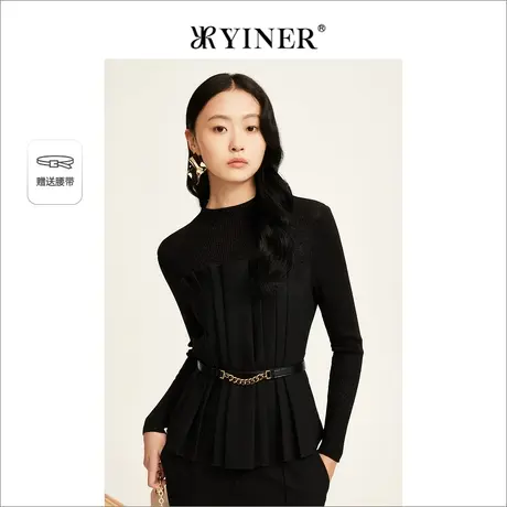 YINER音儿女装冬季时尚洋气羊毛混纺压褶针织衫上衣商品大图