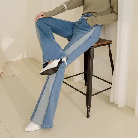 桔熊秋季休闲牛仔长裤子女高腰收腹设计拼接微喇叭裤大码BA7351图片