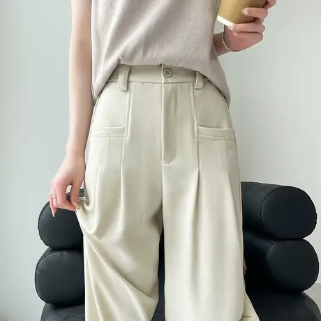 棉麻阔腿西装裤女春夏薄款高腰宽松压皱白色休闲亚麻直筒拖地裤子图片