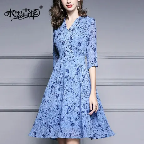 【2件7.5折】春夏新品时尚V领优雅修身七分袖雪纺印花连衣裙图片