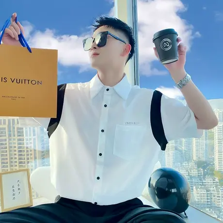 男士撞色衬衫五分袖休闲宽松半袖寸衫发型师男装痞帅夏季短袖衬衣商品大图