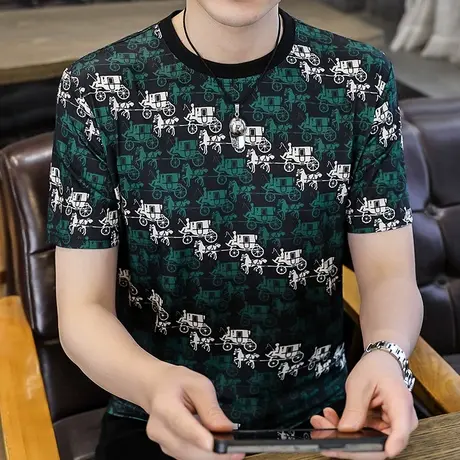 冰丝短袖男士T恤潮牌个性提花2023夏季韩版潮流半袖打底衫t恤汗衫商品大图