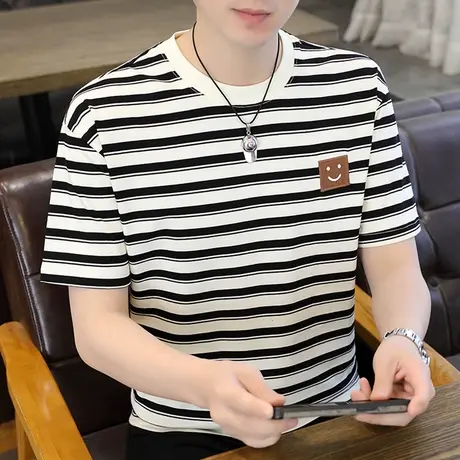 夏季新款男纯棉圆领短袖T恤潮流修身韩版半袖体恤男t条纹男装上衣商品大图