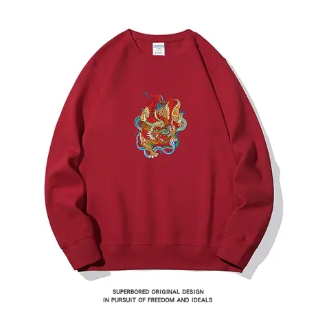 酒红色国潮龙年卫衣男本命年新年2023秋冬季加绒圆领宽松长袖上衣商品大图