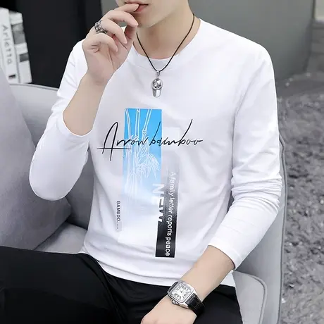 长袖t恤男士秋季潮流宽松百搭白色春装上衣潮牌ins薄款内搭打底衫商品大图