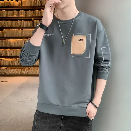 圆领卫衣男士春秋季潮牌贴布2023新款长袖t恤休闲宽松打底衫春装商品大图