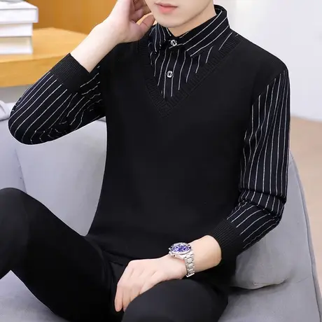 春秋季假两件衬衫领毛衣男士加绒加厚针织打底衫条纹上衣内搭秋装商品大图