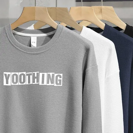 2024新款华夫格卫衣男秋季宽松潮流字母印花圆领无帽上衣长袖t恤商品大图