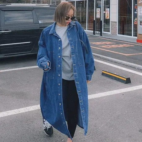 秋装新款牛仔风衣外套女过膝长款韩版宽松大码时尚休闲一排扣大衣商品大图